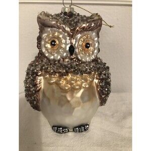 Mercury Glass Painted Owl Ornament Sequined Large 6.5”